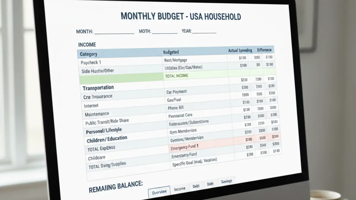 Monthly Budget Template for USA Households